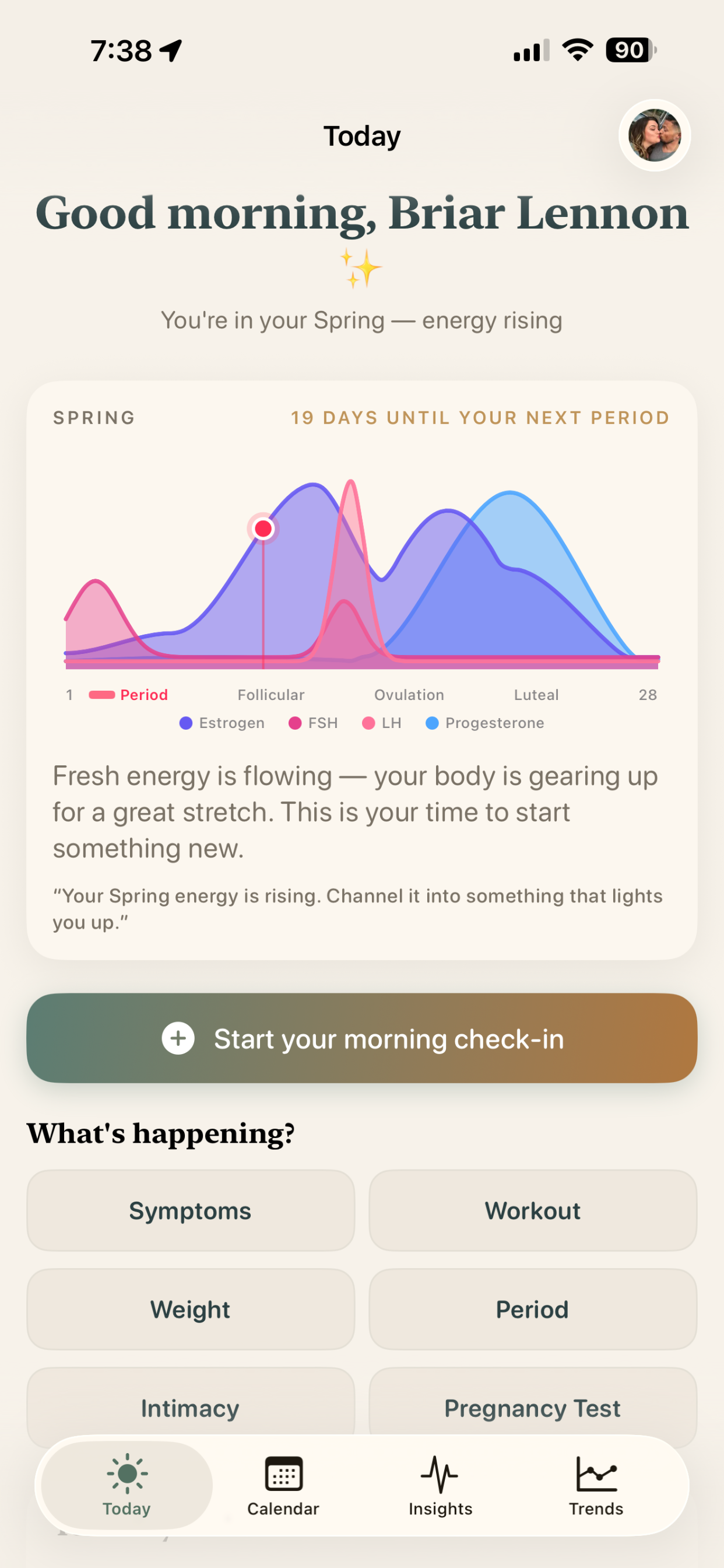 Today dashboard with cycle phase, hormone chart, and quick logging