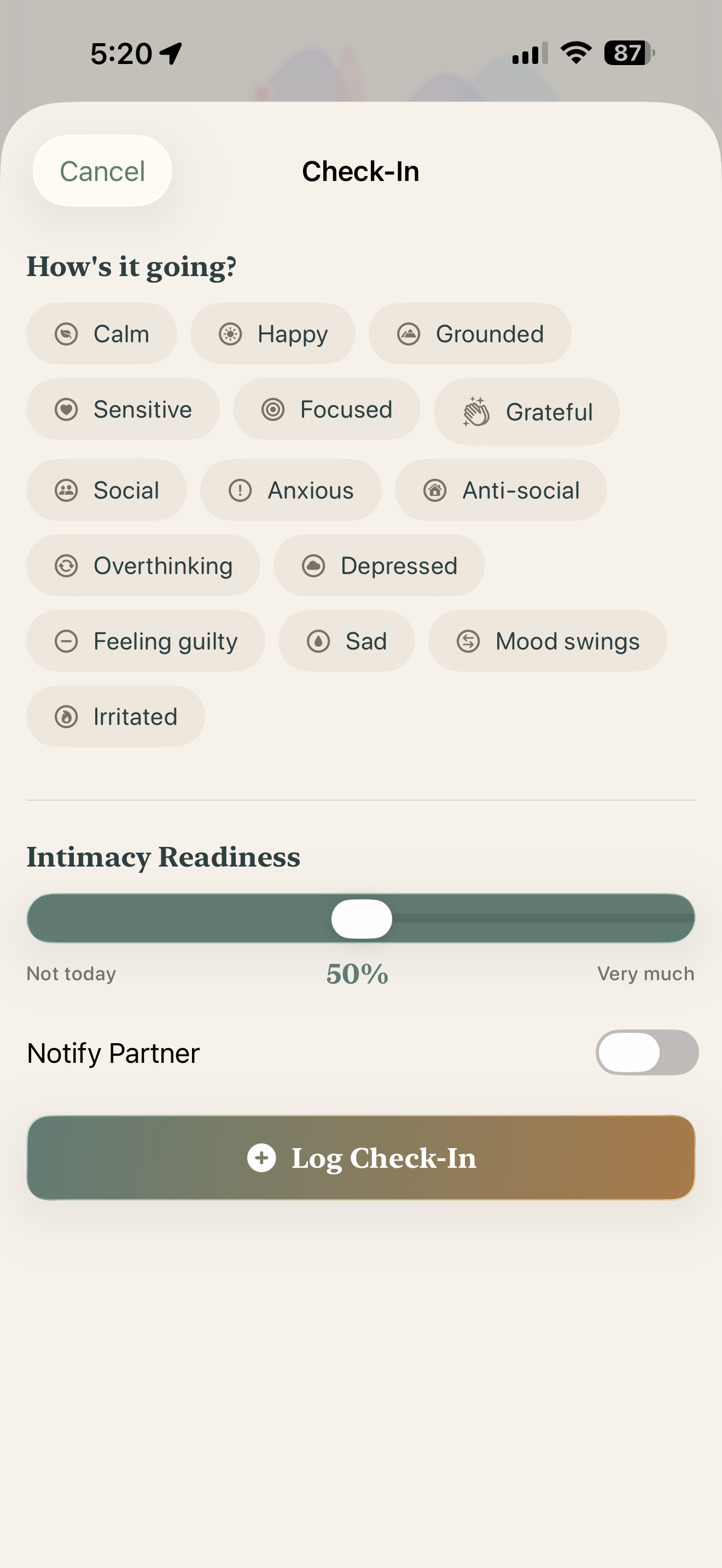 Morning check-in with mood tracking and intimacy readiness