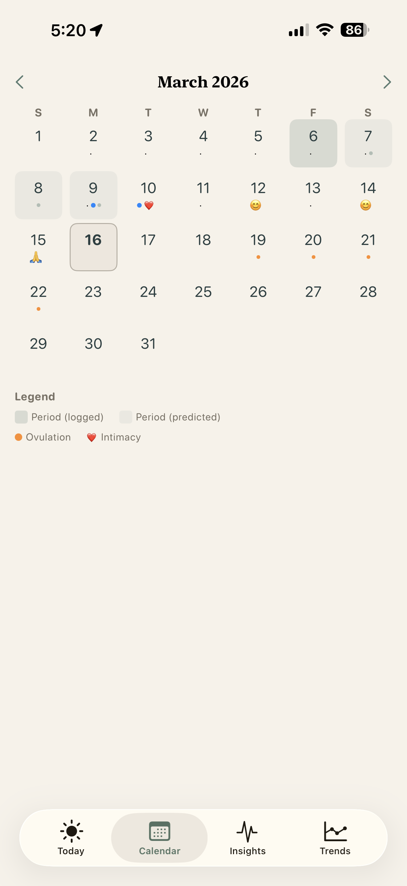 Calendar with period predictions and mood indicators