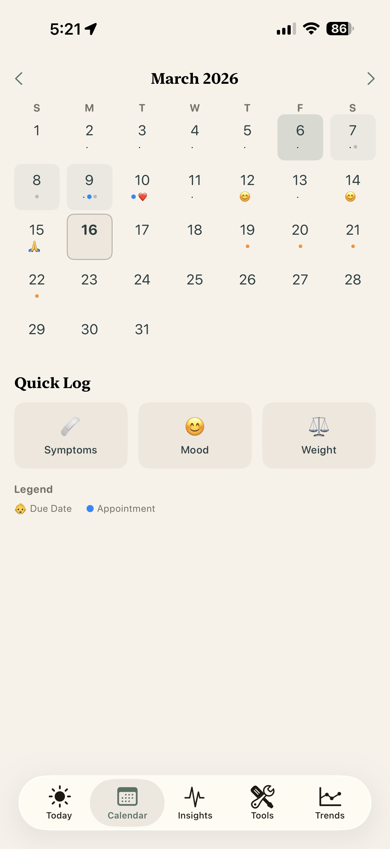 Pregnancy calendar with daily tracking