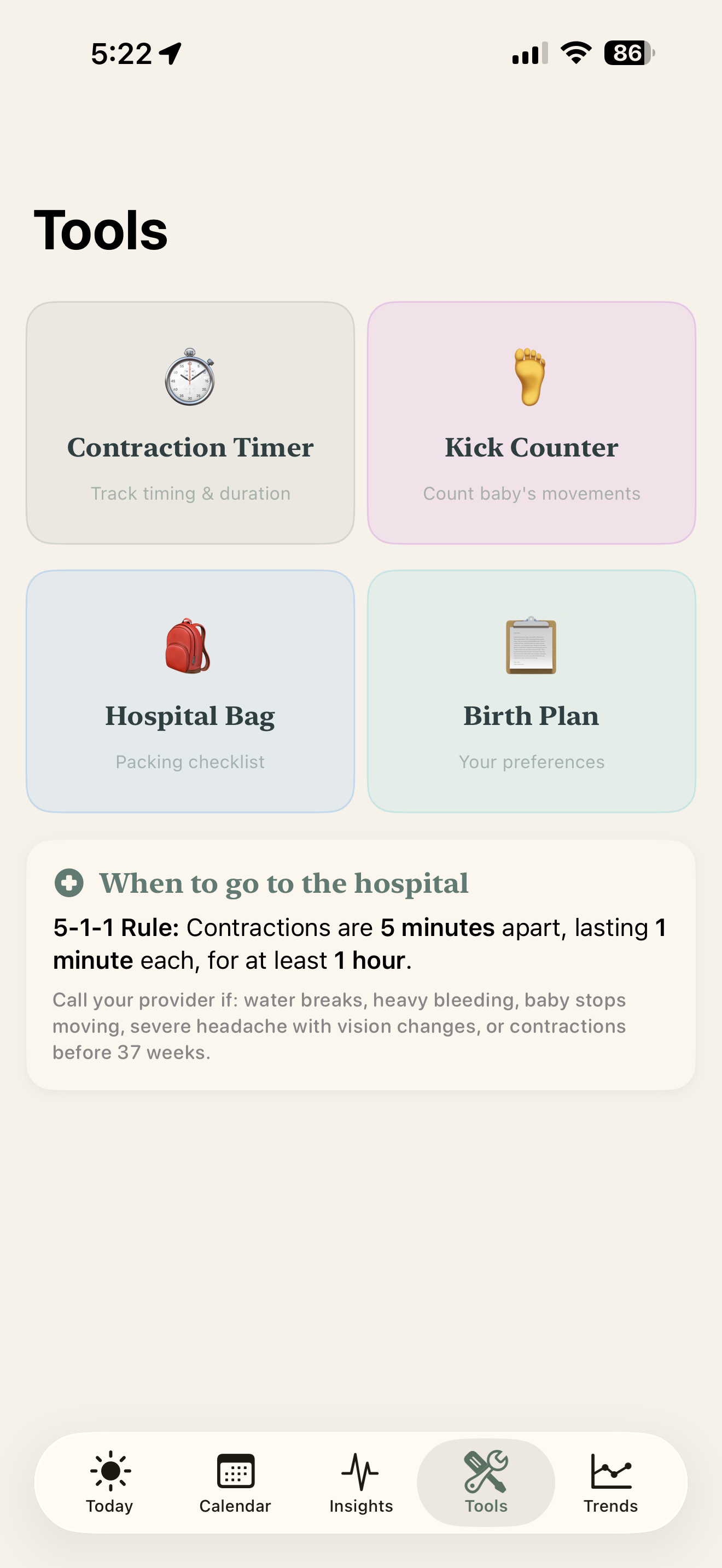 Contraction timer, kick counter, hospital bag, and birth plan