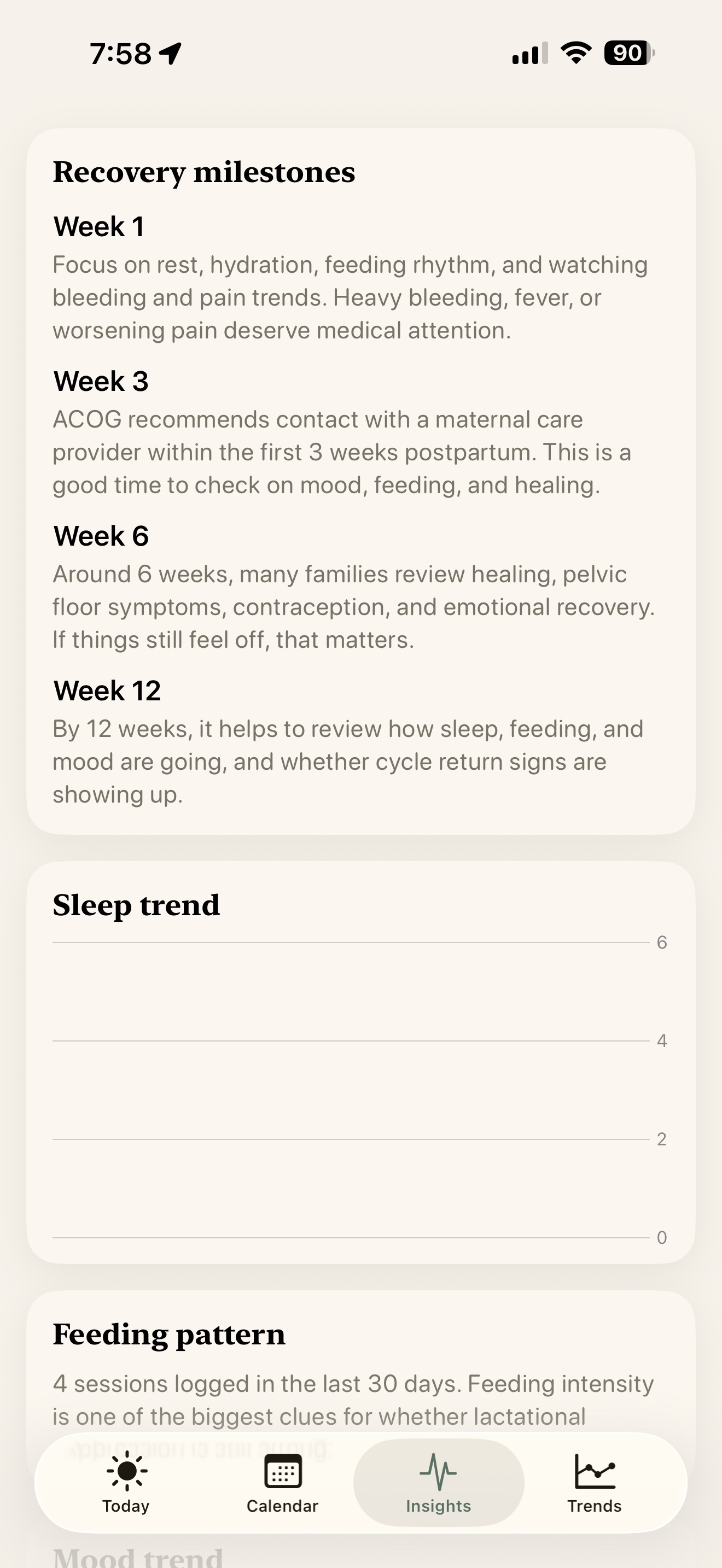 Calendar with mood and symptom indicators on logged days