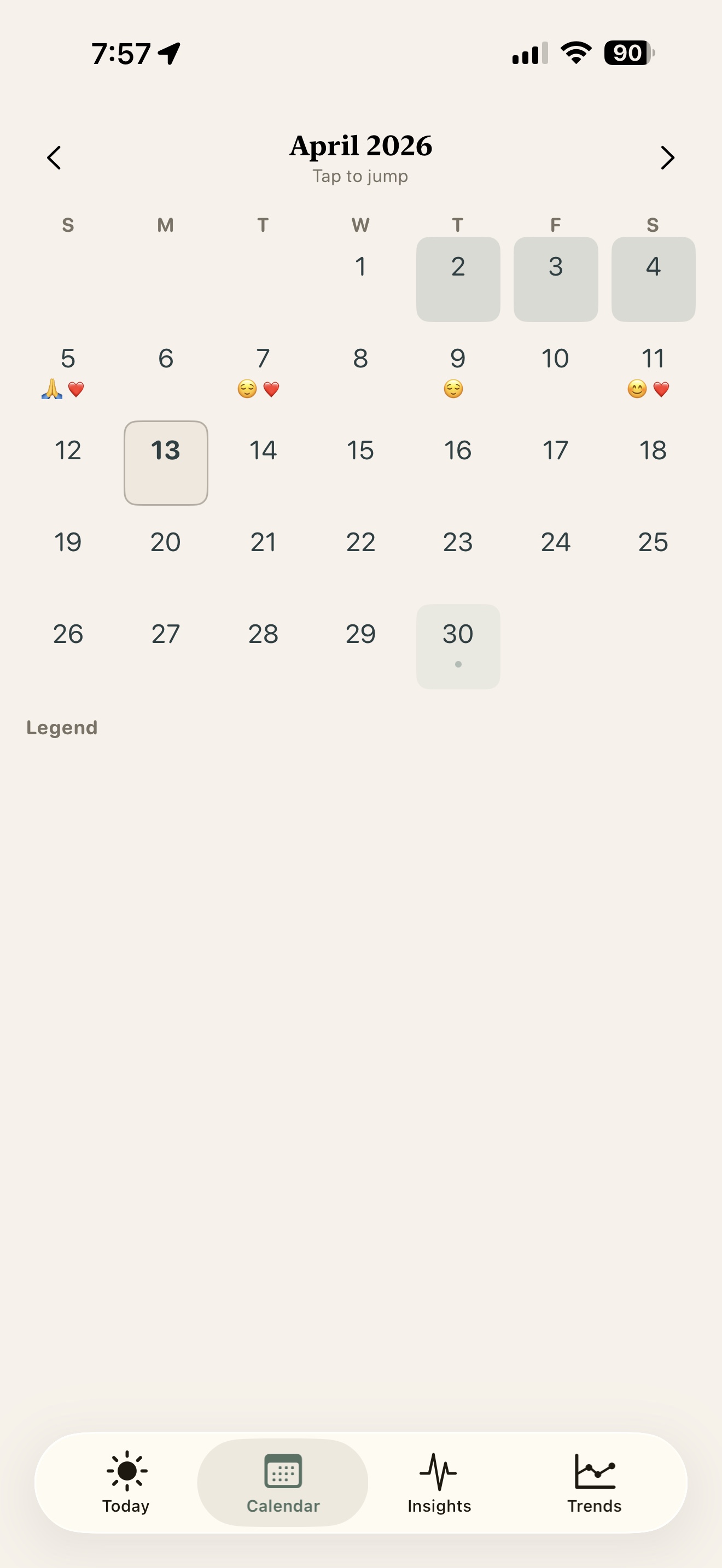 Day detail with nursing sessions, sleep log, cycle return signs, and readiness