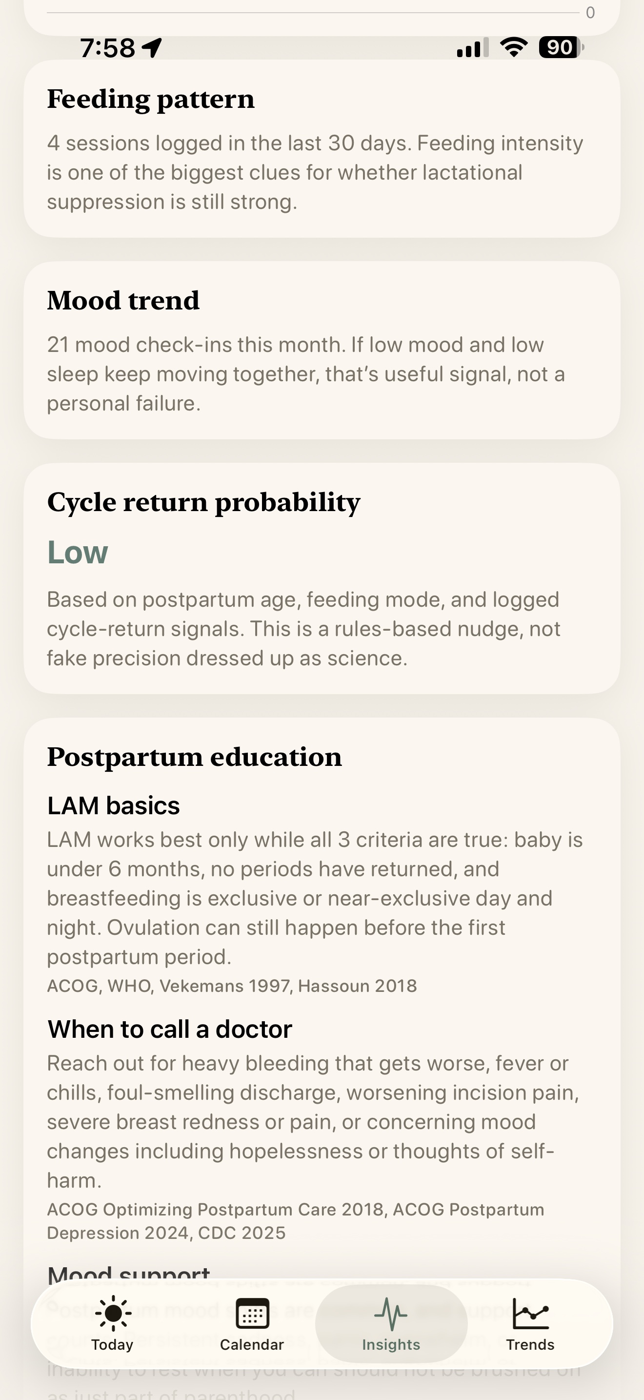 Recovery milestones, sleep trend chart, and feeding pattern analysis