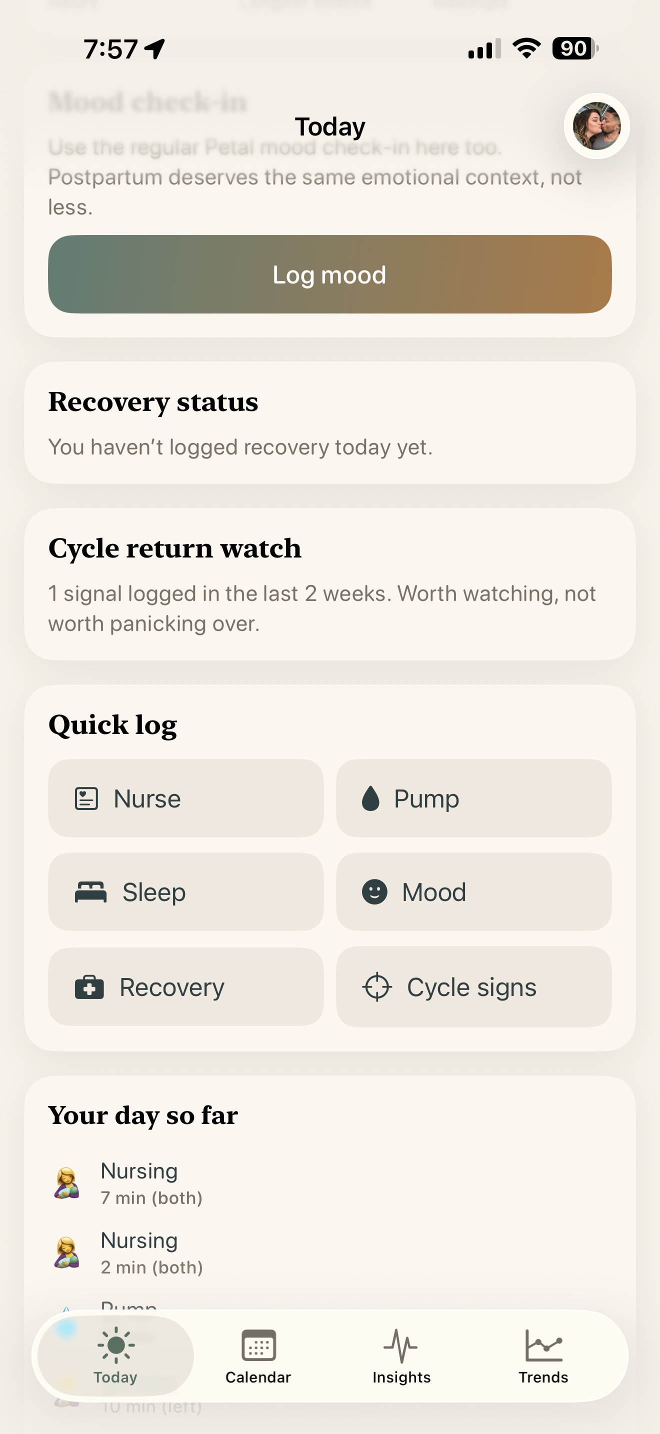 Postpartum dashboard with LAM status, feeding summary, and sleep data